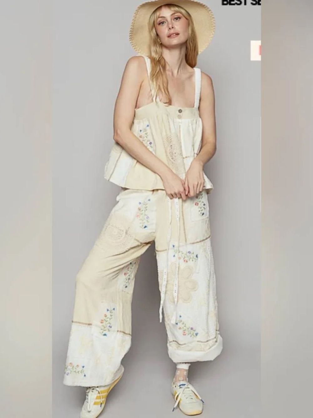 POL Cream Patchwork Wide-Leg PANTS with Floral Embroidery
